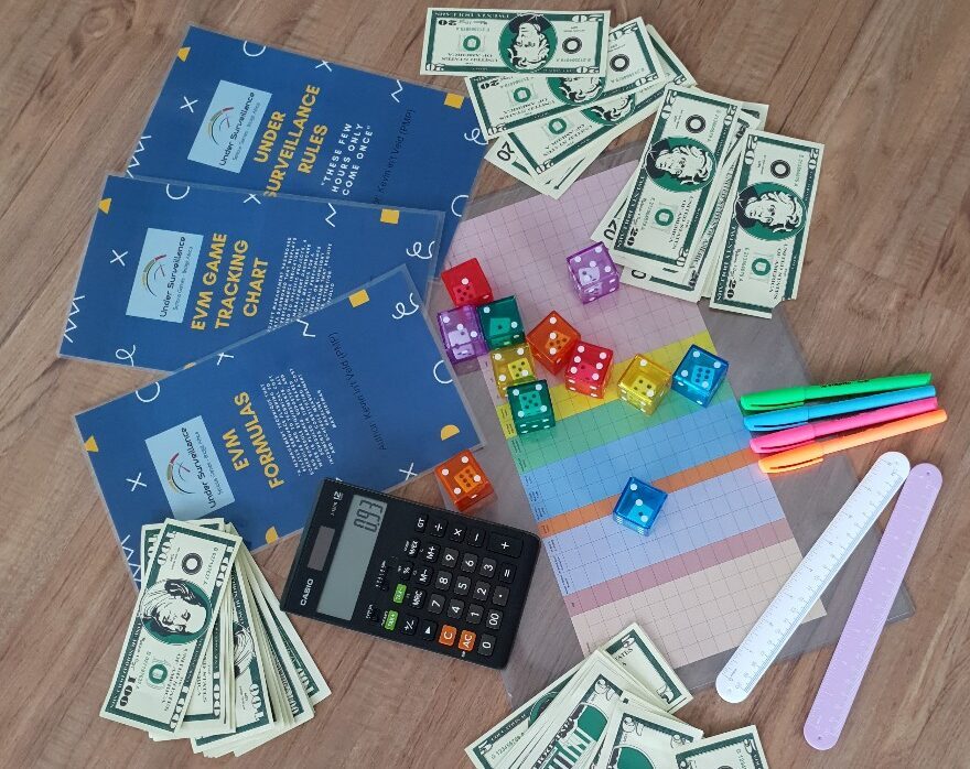 EVM Under Surveillance board game in play with cards and project money